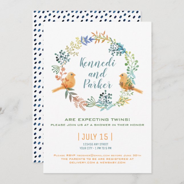 Convites Chá de fraldas De Bebês Gêmeos E Flores (Frente/Verso)
