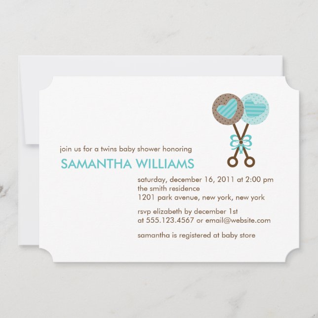 Convites Chá de fraldas de Bebês Rattles Twin Boys (Frente)