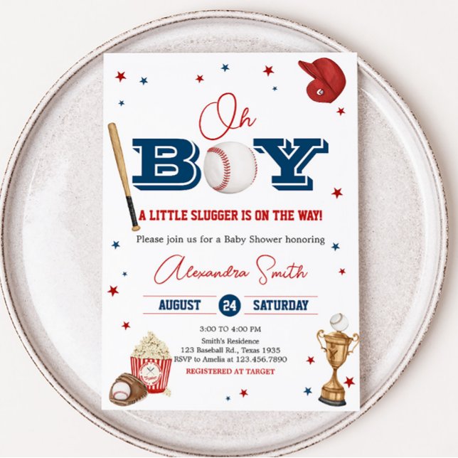 Convites Chá de fraldas de beisebol (Oh Boy Little Slugger Baby Shower Invitation)