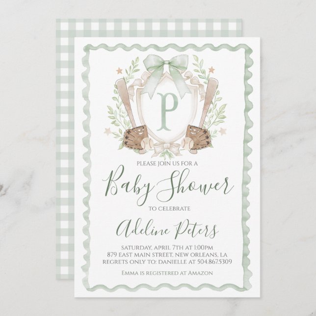 Convites Chá de fraldas de beisebol, Preppy Boy Gingham Sag (Frente/Verso)