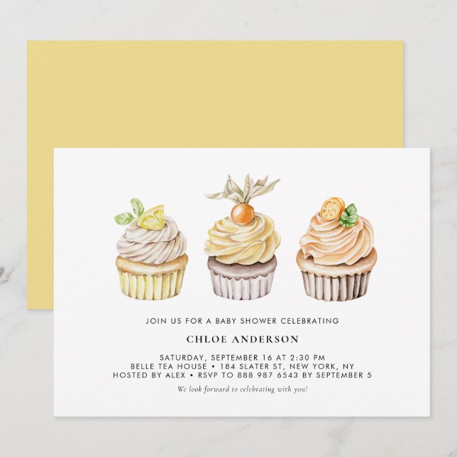 Convites Chá de fraldas de Berry de Aquarelas e Cupcakes de (Frente/Verso)