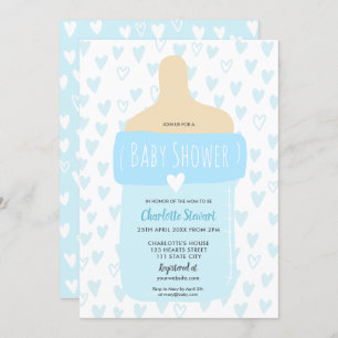 Convites chá de fraldas de biberões de corações azuis