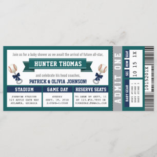 Convites Chá de fraldas de Bilhete de Basebol, Azul, Verde