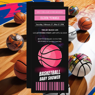 Convites Chá de fraldas de Bilhete de Basquete Rosa Moderno