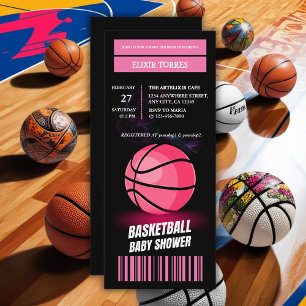 Convites Chá de fraldas de Bilhete de Basquete Rosa Moderno