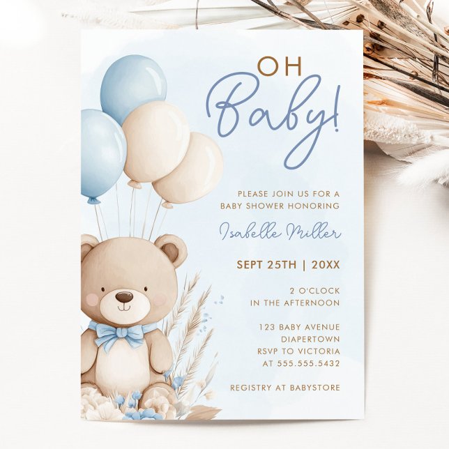 Convites Chá de fraldas de Boho de Urso Azul (Blue Boy Teddy Bear Boho Baby Shower Invitation)