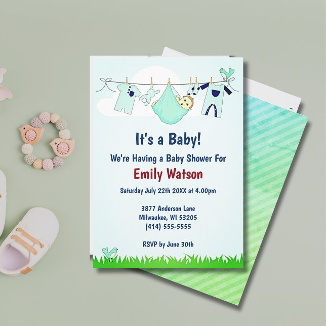 Convites Chá de fraldas de Boho Neutro de Gênero Cujo (Cute Gender Neutral Clothesline Boho Baby Shower Invitation)
