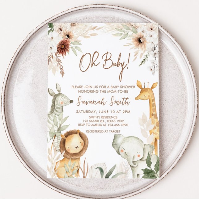 Convites Chá de fraldas de Boho Safari (Neutral Safari Animals Boho Baby Shower Invitation)