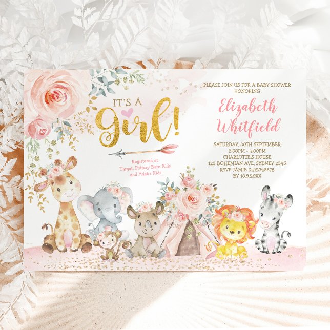 Convites Chá de fraldas de Boho Selgle Safari Blush Floral  (Criador carregado)