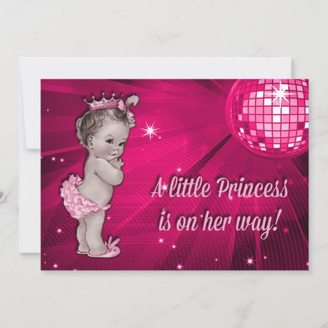 Convites Chá de fraldas de Bola de Disco Rosa da Princesa V (Frente)