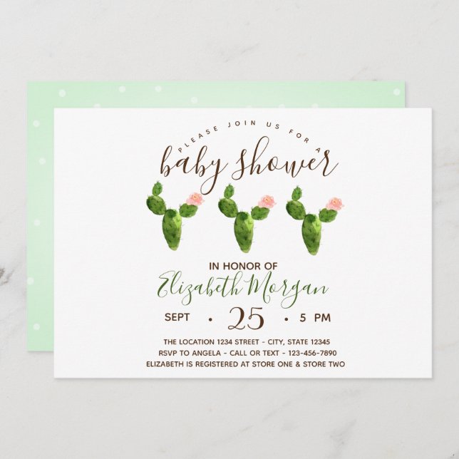 Convites Chá de fraldas de Bolinhas de Sucultura de Aquarel (Frente/Verso)