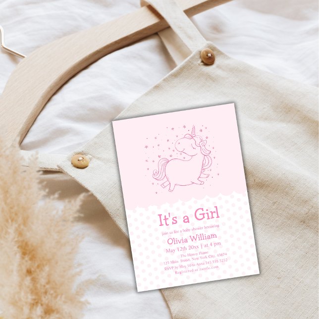 Convites Chá de fraldas de Bolinhas de Unicórnio Rosa (Pink Cute Polka Dot Unicorn Girl Baby Shower Invitation)