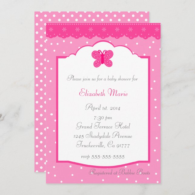 Convites Chá de fraldas de Bolinhas e Borboletas (Frente/Verso)