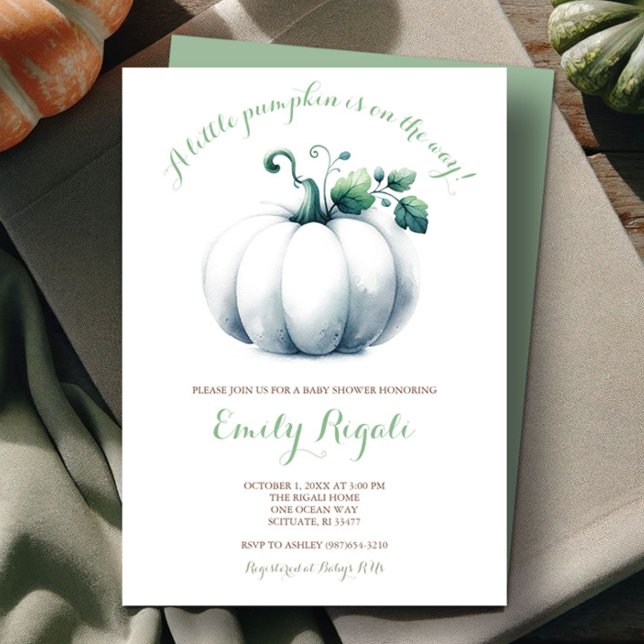 Convites Chá de fraldas de Bomba Branca Convidar Neutro rel (fall gender neutral baby shower invitations features watercolor white pumpkin and sage green.)