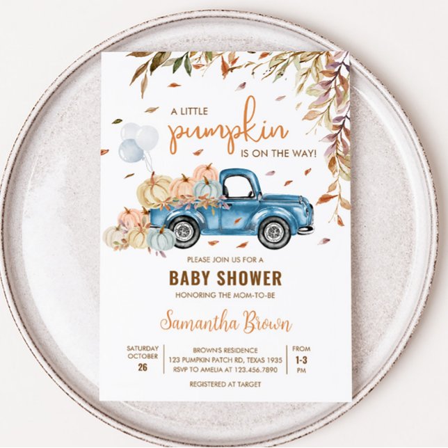 Convites Chá de fraldas de Bombeiros Azuis (Boy Little Pumpkin Truck Baby Shower Invitation)
