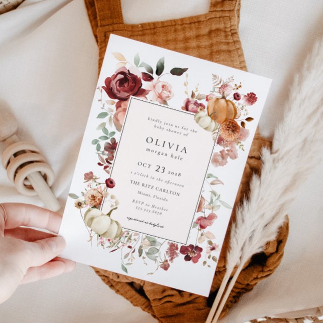 Convites Chá de fraldas de Bompkin do outono de Burgundy (Criador carregado)