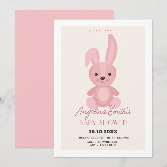 Convites Chá de fraldas de boneca de coelho rosa (Frente/Verso)