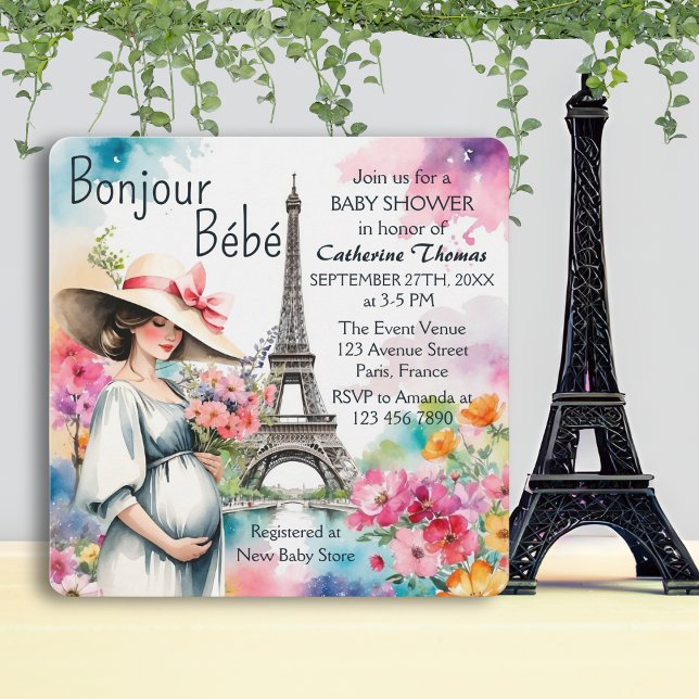 Convites Chá de fraldas de Bonjour Bebe Floral Eiffel Tower (Criador carregado)