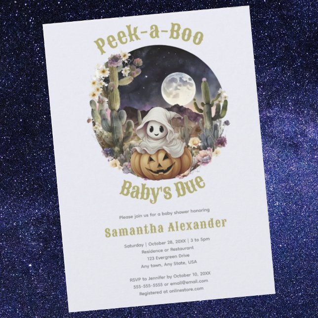 Convites Chá de fraldas de Boo de Bompkin Halloween (Halloween Pumpkin Peek a Boo baby shower invitation.  Cute ghost peeking from pumpkin in the desert.)