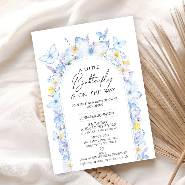 Convites Chá de fraldas de Borboleta Azul Moderno (Modern Blue Wildflowers Little Butterfly Baby Shower Invitation, Summer Butterfly Themed Baby Shower)