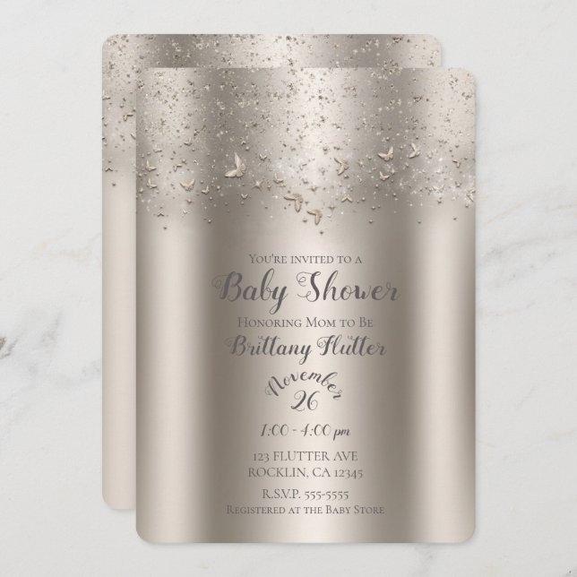 Convites Chá de fraldas de borboleta de flauta do Shimmer d (Frente/Verso)