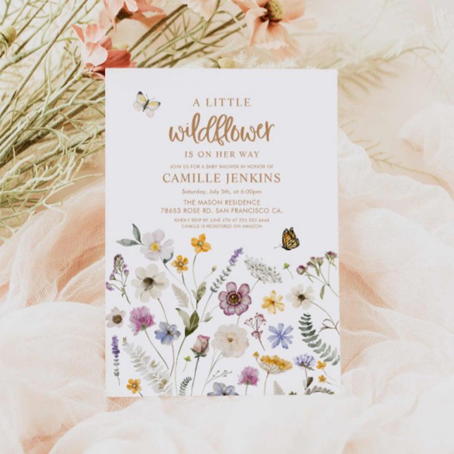 Convites Chá de fraldas de Borboleta de Flor Selvagem ( A little Wildflower and Butterfly Girl baby shower invitation)