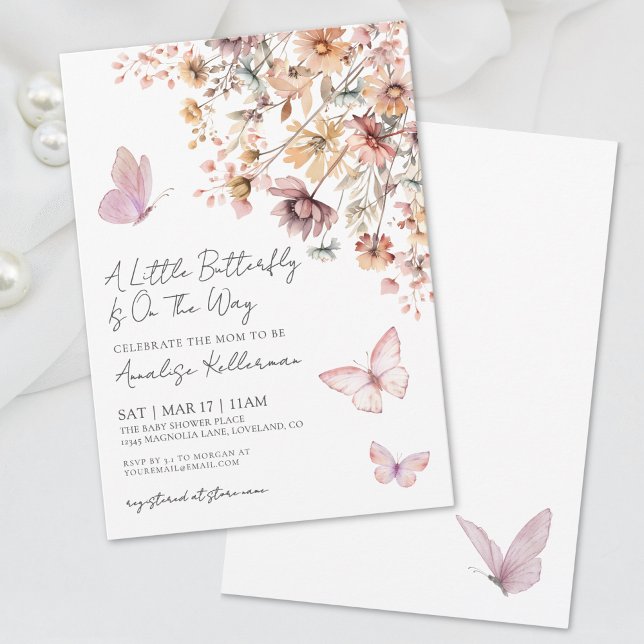 Convites Chá de fraldas de Borboleta de Flor Selvagem (Wildflower Butterfly Baby Shower Invitation)