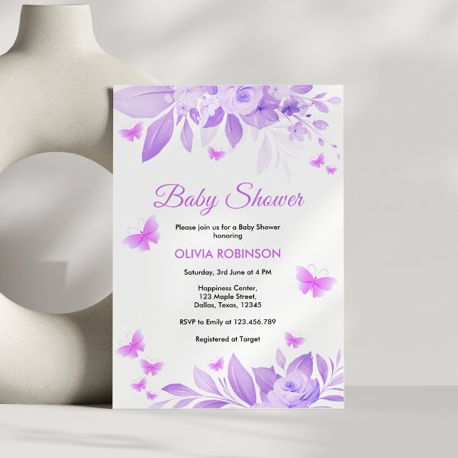 Convites Chá de fraldas de borboleta Floral (Purple Floral Baby Girl Butterfly Baby Shower Invitation )