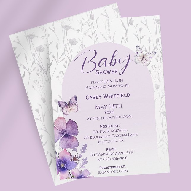 Convites Chá de fraldas de borboleta Moderna Boho Girl (Pastel Purple Butterfly Girl Baby Shower Invitation
)