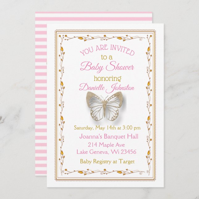 Convites Chá de fraldas de borboleta personalizada para Bab (Frente/Verso)
