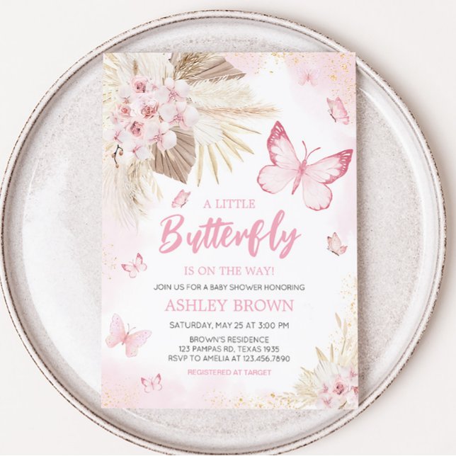 Convites Chá de fraldas de borboleta rosa (Girl Butterfly Pampas Grass Baby Shower Invitation)