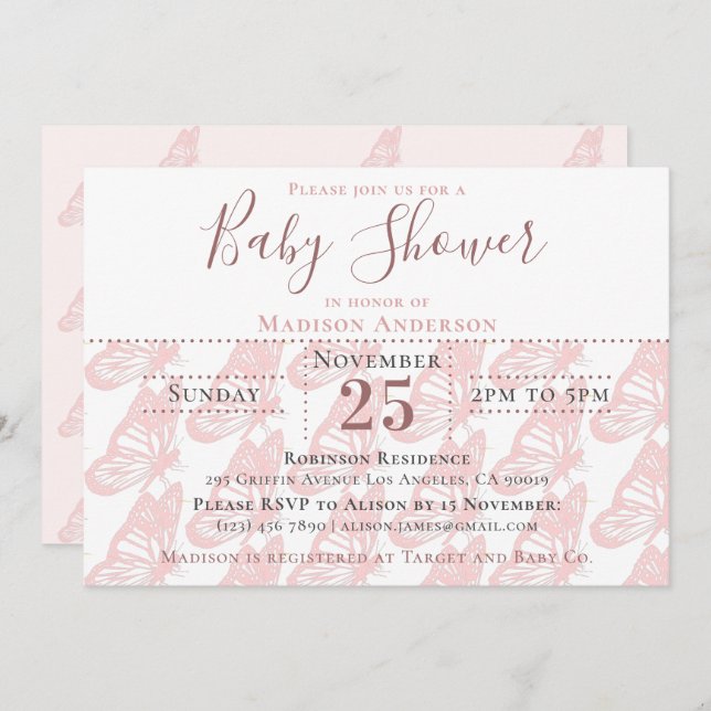 Convites Chá de fraldas de borboleta rosa de Pastel Elegant (Frente/Verso)