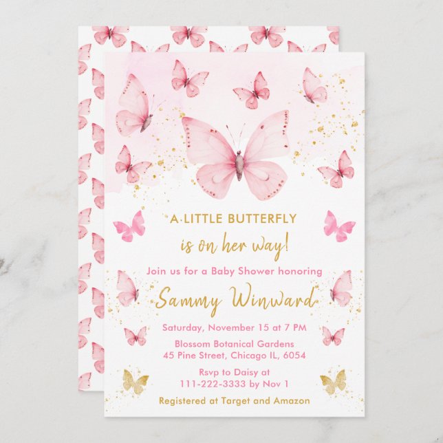 Convites Chá de fraldas de borboleta rosa e Dourada (Frente/Verso)