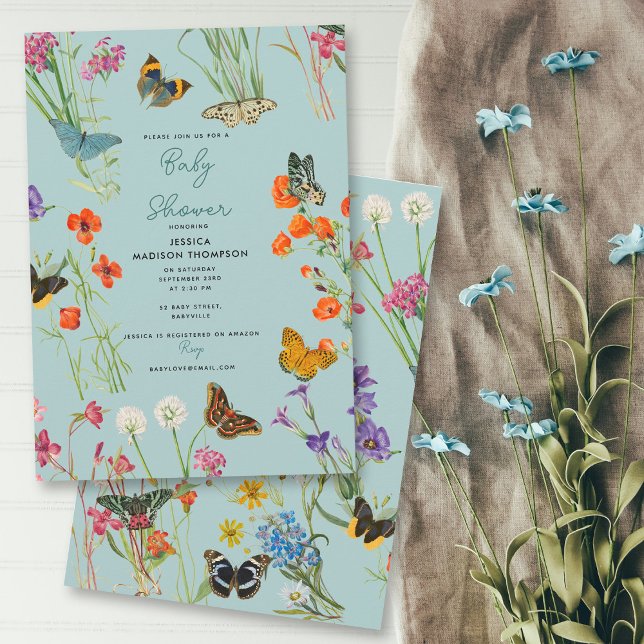 Convites Chá de fraldas de Borboletas de Flores Azuis (Blue Wildflowers Butterflies Baby Shower Invitation)