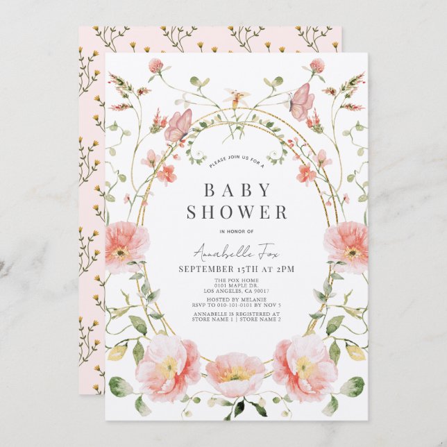 Convites Chá de fraldas de borboletas de flores silvestres  (Frente/Verso)