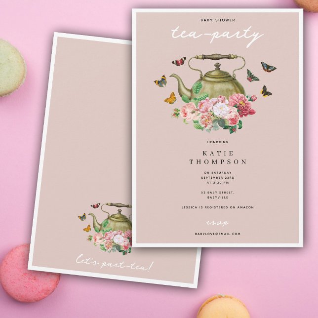 Convites Chá de fraldas de Borboletas Florais Rosa do Parti (Teapot Party Pink Floral Butterflies Baby Shower Invitation)