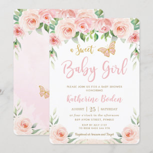 Convites Chá de fraldas de Borboletas Flóridas Rosa-Blush