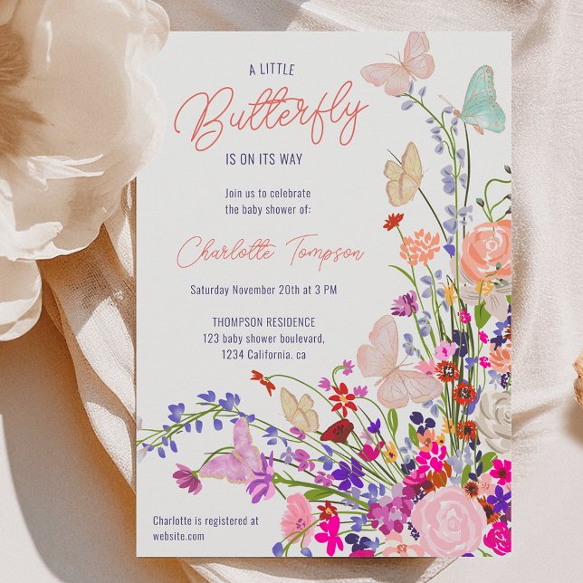 Convites Chá de fraldas de borboletas giras primavera boho (Boho spring wildflowers cute butterfly baby shower invitation)