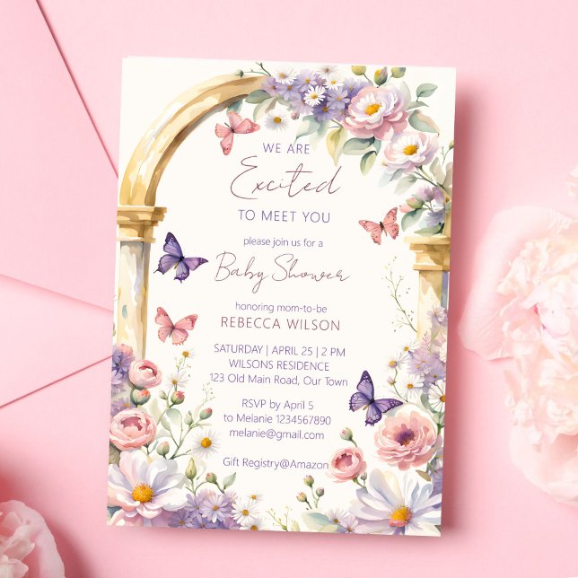 Convites Chá de fraldas de borboletas pastas de jardim ento (Enchanted garden pastel flowers butterflies baby shower template invitation digital download)