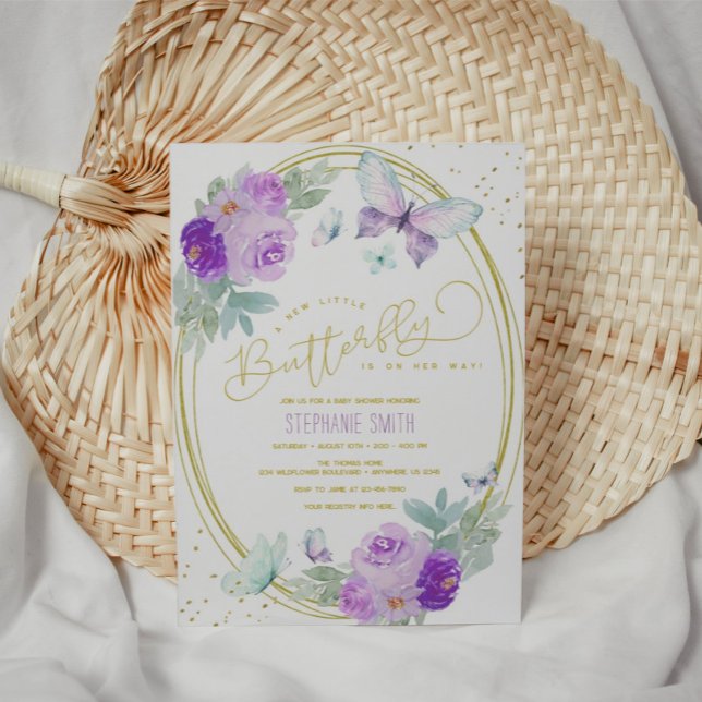 Convites Chá de fraldas de borboletas planas e Douradas (Criador carregado)