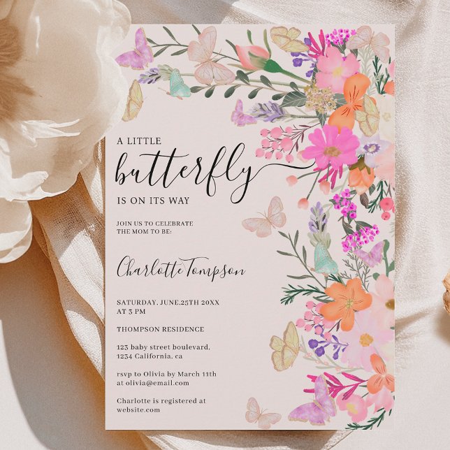 Convites Chá de fraldas de borboletas primavera (Chic wildflowers spring butterfly baby shower invitation)