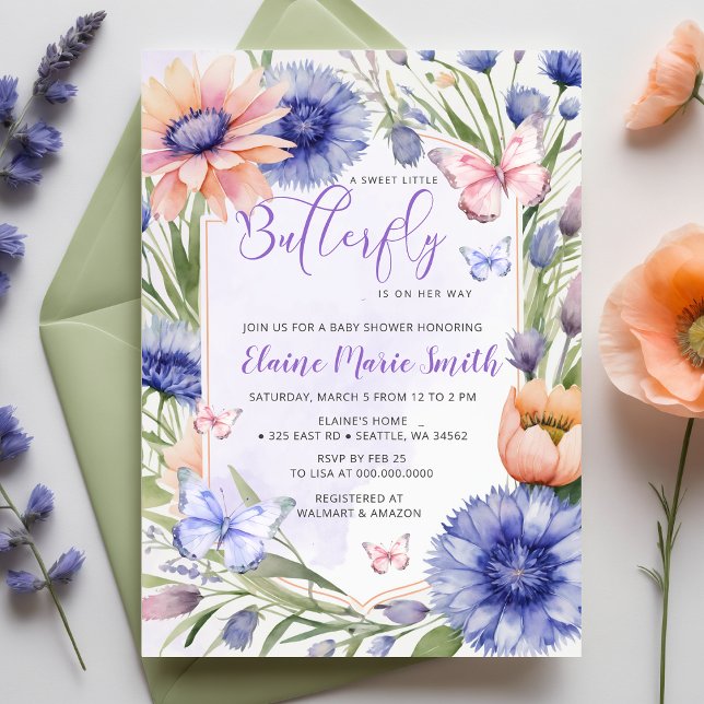 Convites Chá de fraldas de borboletas roxas de flores selva (Modern Wildflowers Purple Butterfly Baby Shower Invitation)