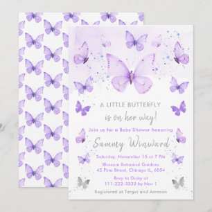 Convites Chá de fraldas de borboletas roxas e prateadas