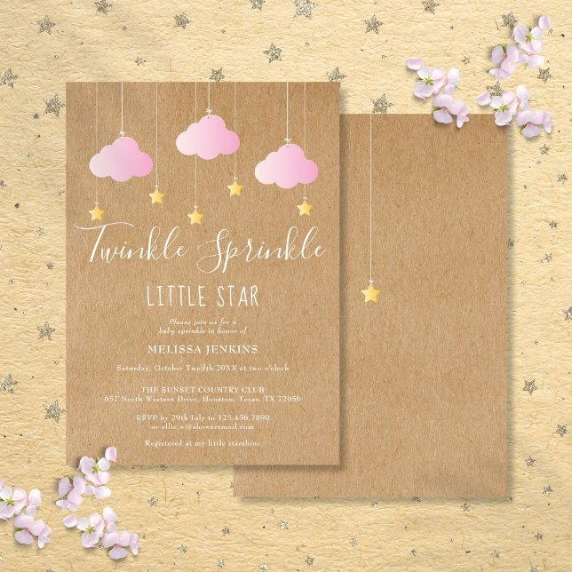Convites Chá de fraldas de borrifado Rosa Russo-Rosa (Twinkle Sprinkle Baby Shower Pink Rustic Kraft Invitation)