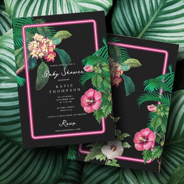 Convites Chá de fraldas de Botânica Tropical Neon Pink (Neon Pink Tropical Botanicals Baby Shower Invitation)