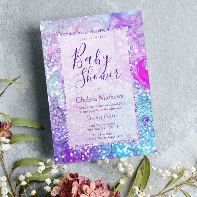 Convites Chá de fraldas de brilho roxo da lavanda (Lavender teal purple marble glitter Baby Shower Invitation )