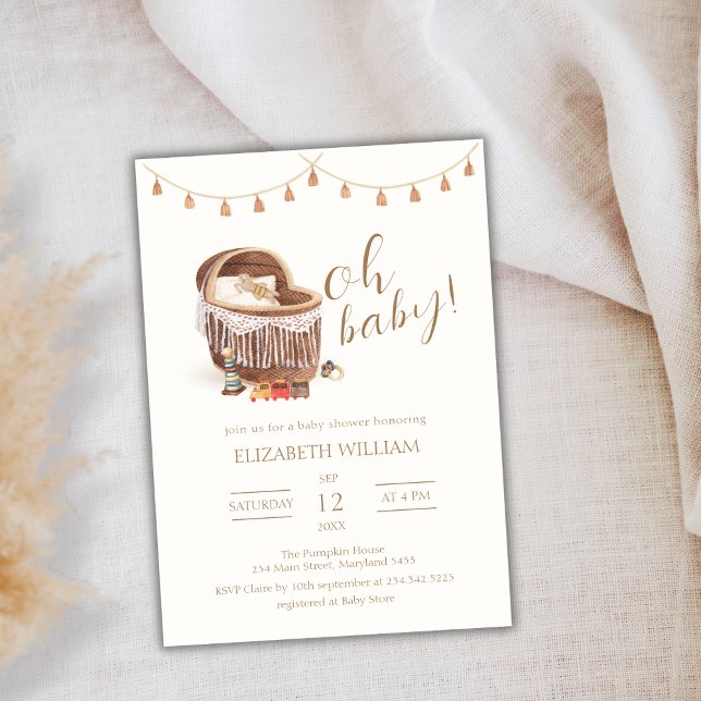 Convites Chá de fraldas de Brinquedo Boho Bassinet Neutro p (Gender Neutral Boho Bassinet Toy Baby Shower Invitation)