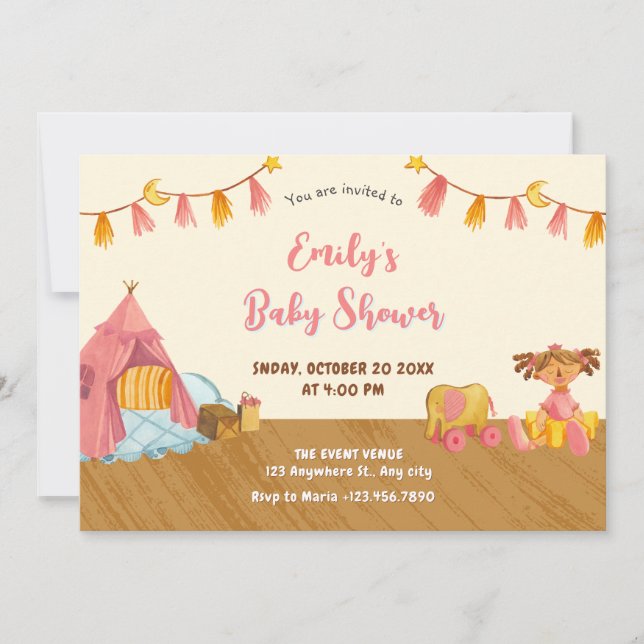 Convites Chá de fraldas de brinquedos de madeira (Frente)