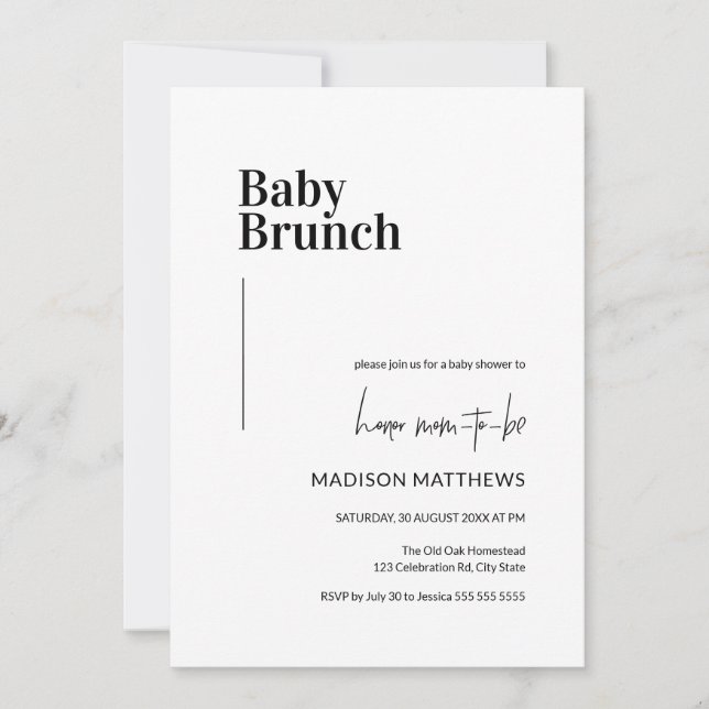 Convites Chá de fraldas de Brunch Mínimo de Bebê Preto e Br (Frente)