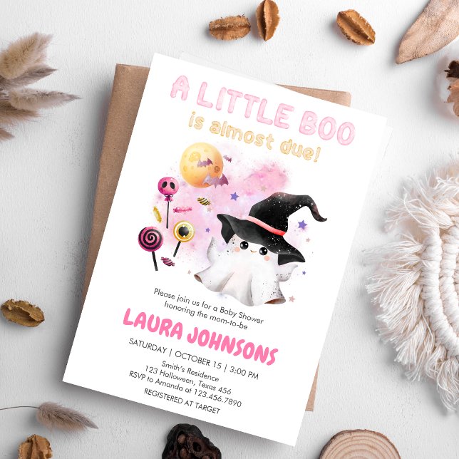 Convites Chá de fraldas de Bruxa Fantasma Rosa (Little Boo Halloween Baby Shower Invitation)